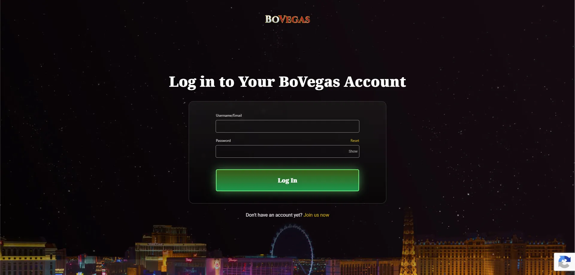 Bovegas Casino secure login page for registered players