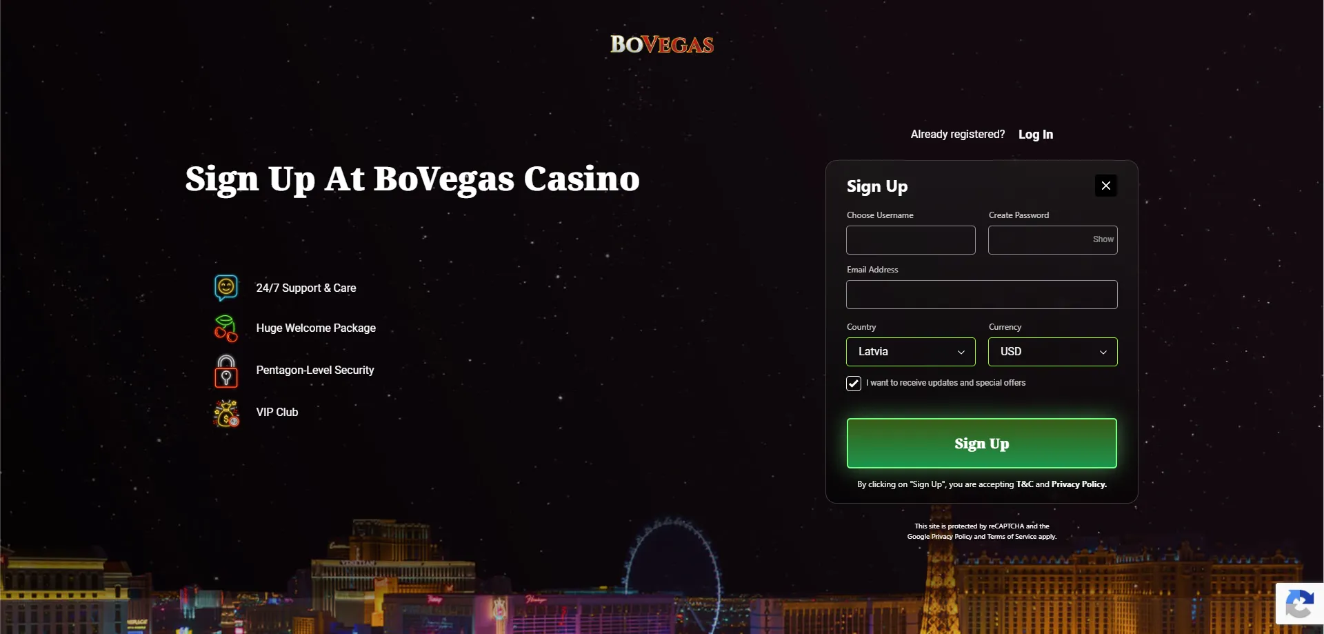 Bovegas Casino registration page — quick and easy account setup